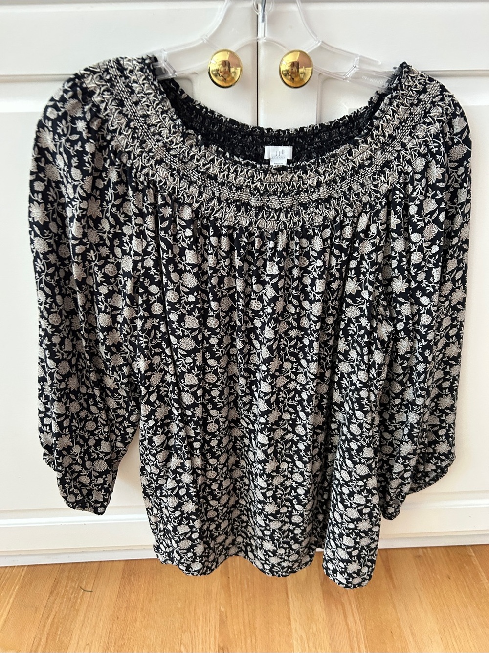 J. Jill Black, White, Tan Smocked Three-Quarter Sleeve  Floral Blouse Size M